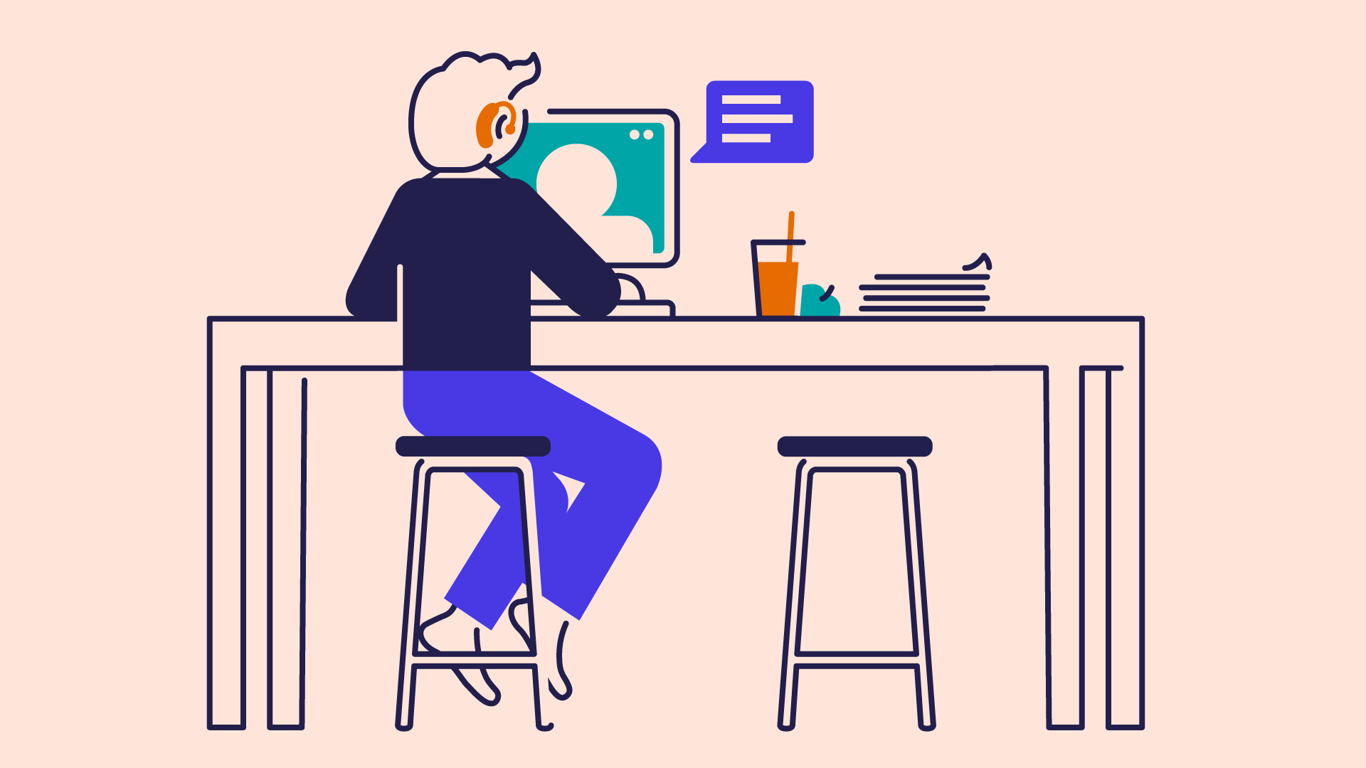 an illustration of a student with a hearing aid sitting at a desk